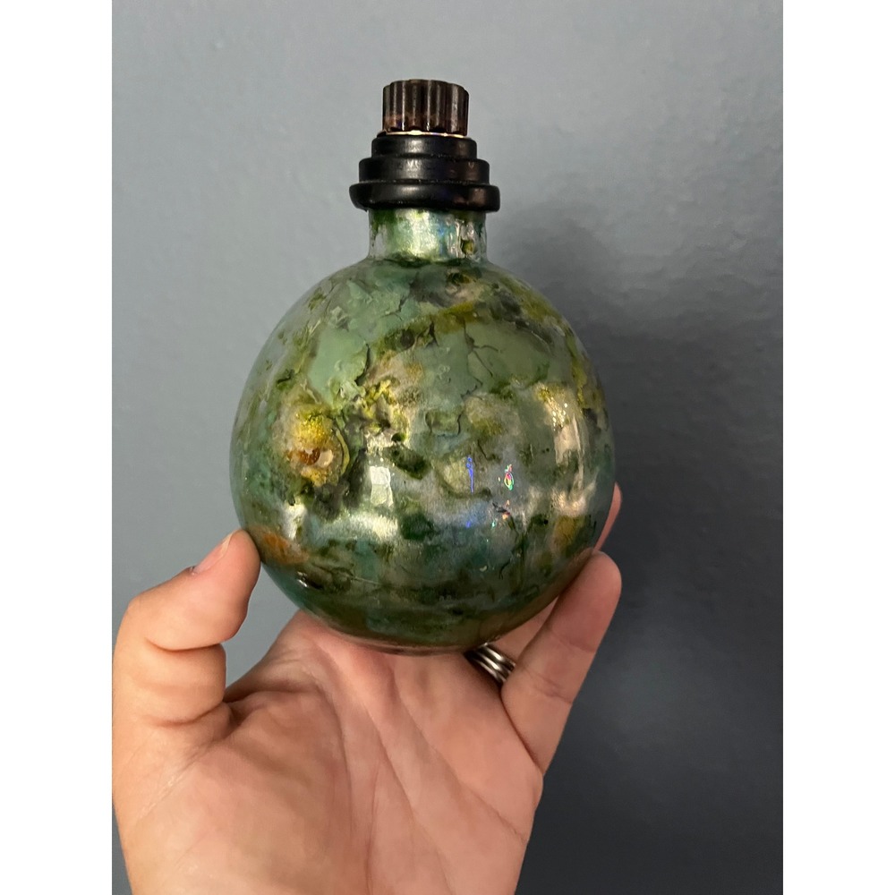 Artisan Hand Blown Glass Oil Lamp Green Gold Iridescent Spherical Table Decor